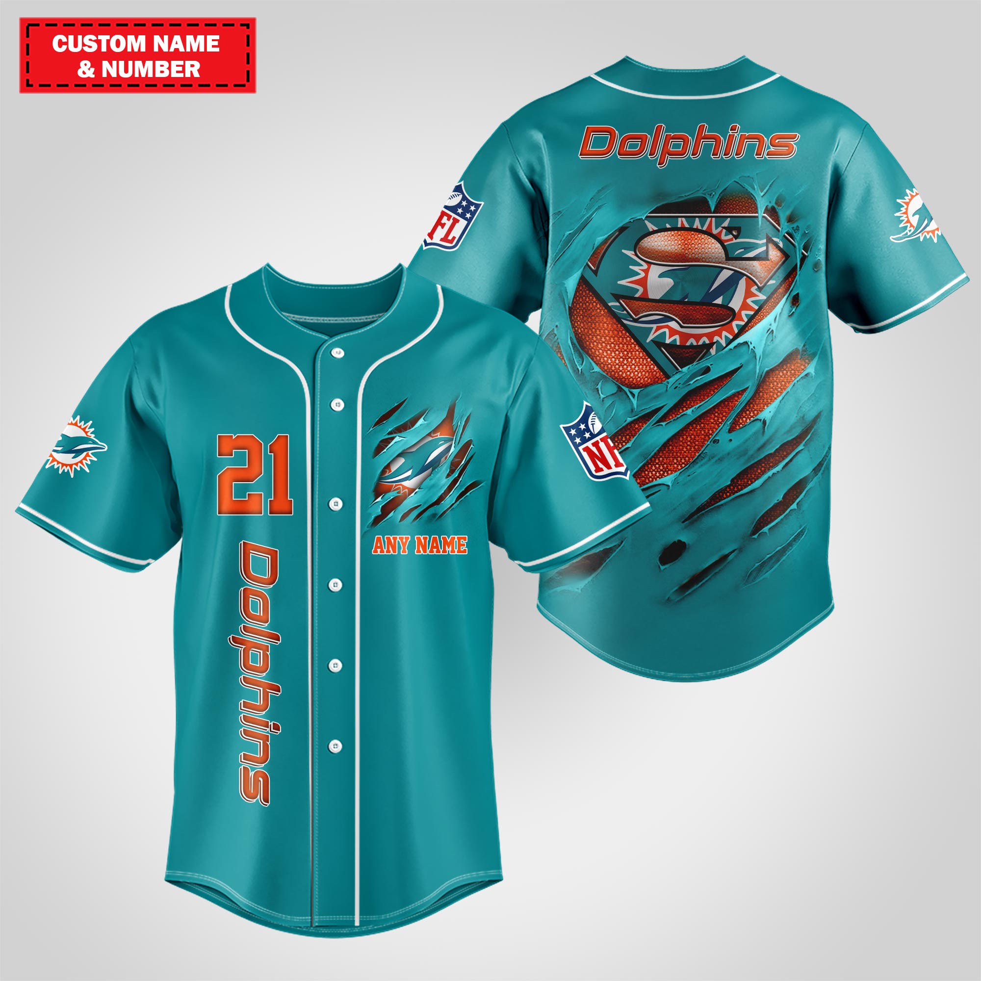 Miami Dolphins Baseball Jersey Superman Nfl Custom Name & Number